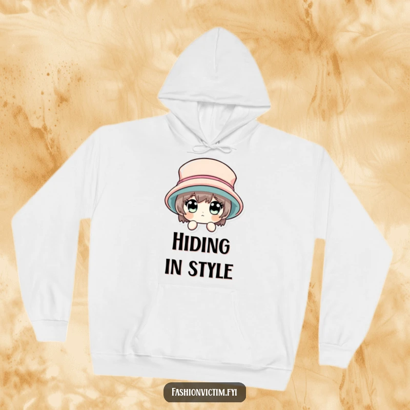 Funny hoodie showcasing a character's wide-eyed peeking from behind an enormous, fashionable hat, offering warmth.
