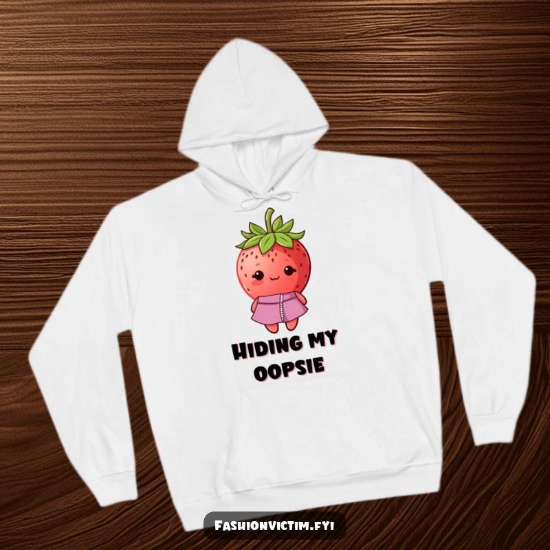 Funny hoodie featuring a shy strawberry with a ripped seam on its fashionable dress, exuding bashfulness.