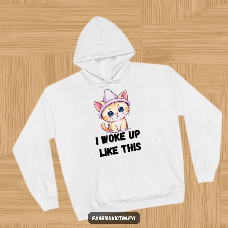 Funny hoodie with a tiny cat trying on a dazzling, oversized, sparkly hat; comfortable and chic attire for cat lovers.