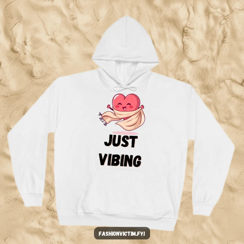 Funny Hoodie showcasing a stylized heart character energetically spinning a long, flowing scarf, radiating happiness.
