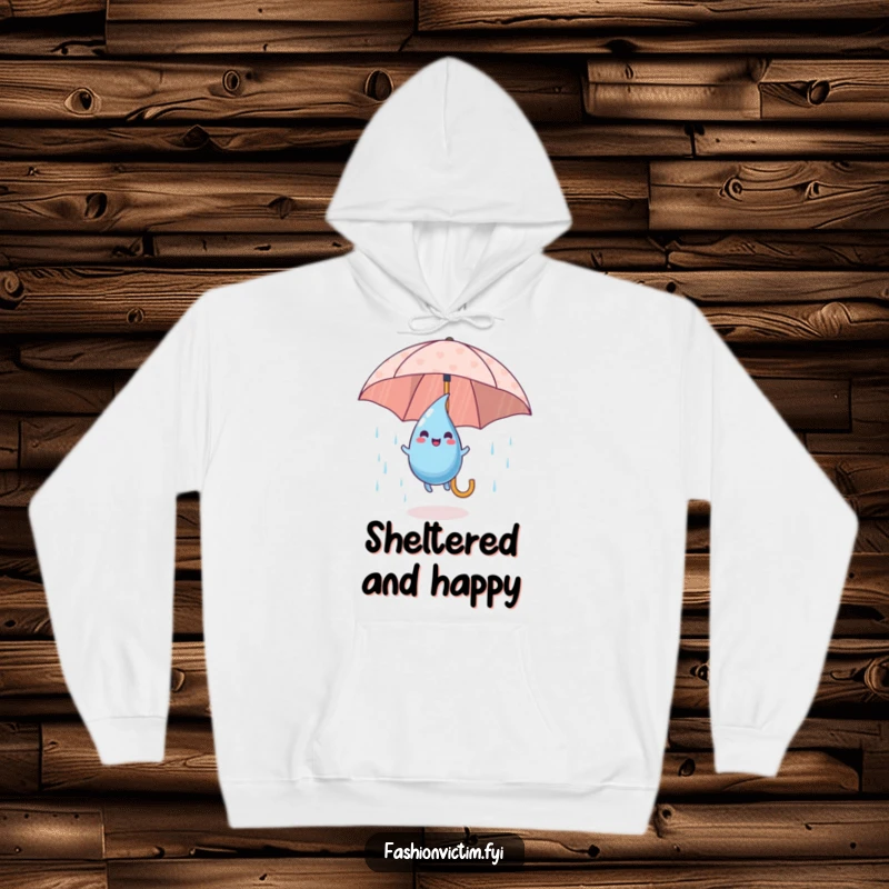 Funny Hoodie depicting a playful raindrop character happily bouncing on a patterned umbrella, perfect for rainy weather.