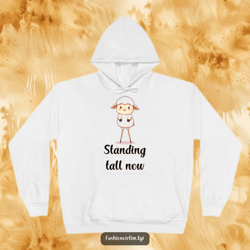 Funny hoodie depicting a fluffy sheep hilariously attempting a balancing act on stilts.