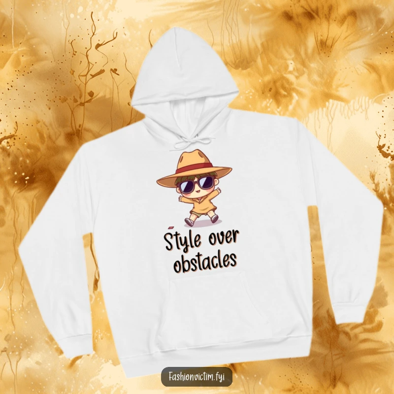 Funny hoodie featuring a tiny character hilariously tripping, comically adorned with a giant hat and oversized sunglasses.