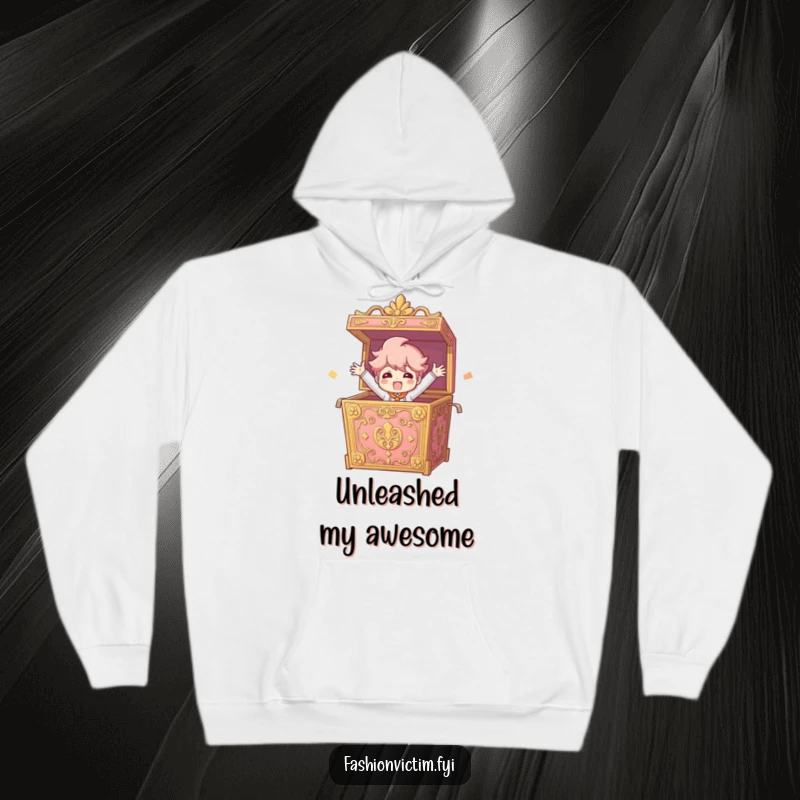 Funny Hoodie featuring a character bursting from a large ornate box with arms wide open, symbolizing excitement.