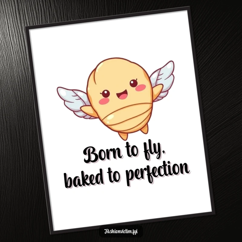 Funny Free Printable Wall Art: Smiling croissant character with tiny wings soaring through the air, a whimsical and downloadable piece.