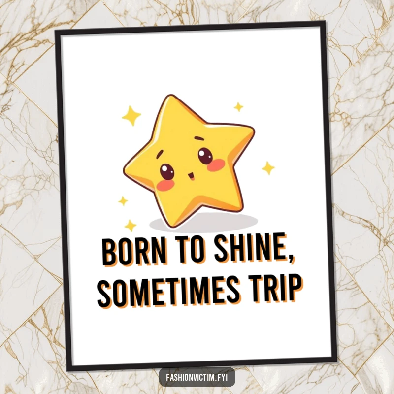 Funny Free Printable Wall Art: A cute star character comically trips over its own sparkle, featuring a comically surprised expression.