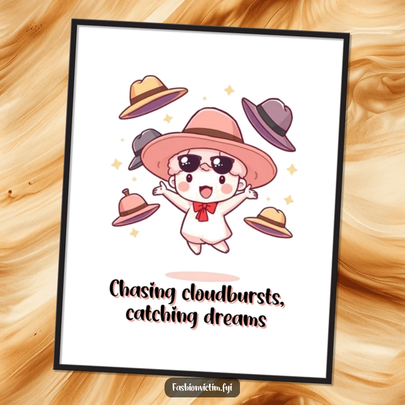 Funny Free Printable Wall Art: Small cloudburst character happily juggles oversized fashionable hats, humorous downloadable decor.