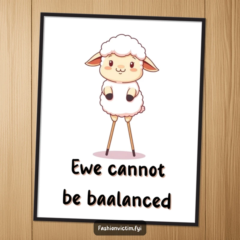 Funny Free Printable Wall Art of a fluffy sheep comically trying to maintain its balance while on stilts.
