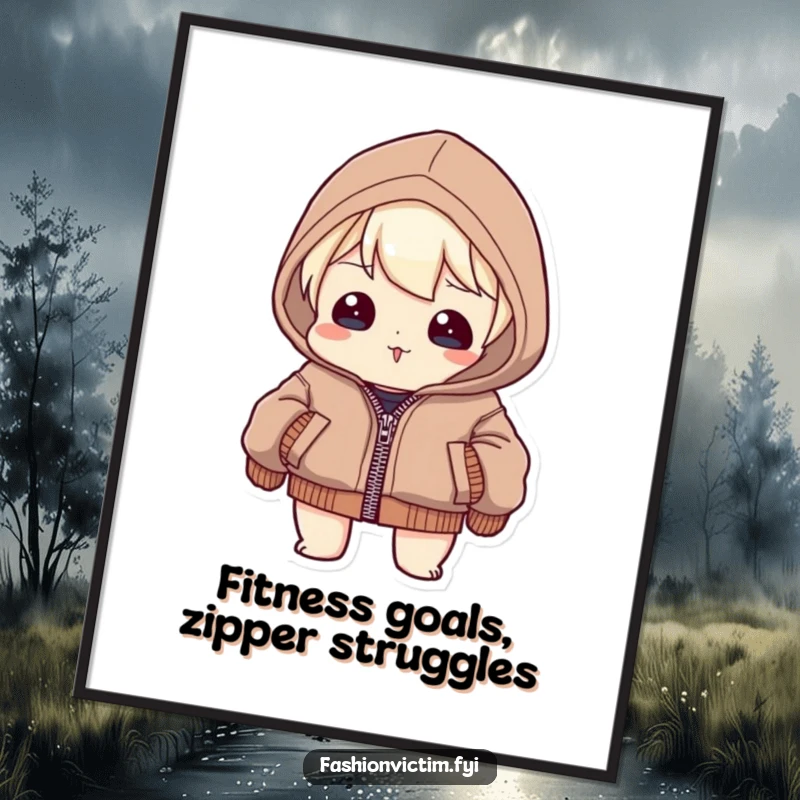 Funny Free Printable Wall Art: Character humorously straining to zip up a jacket that is clearly too small.