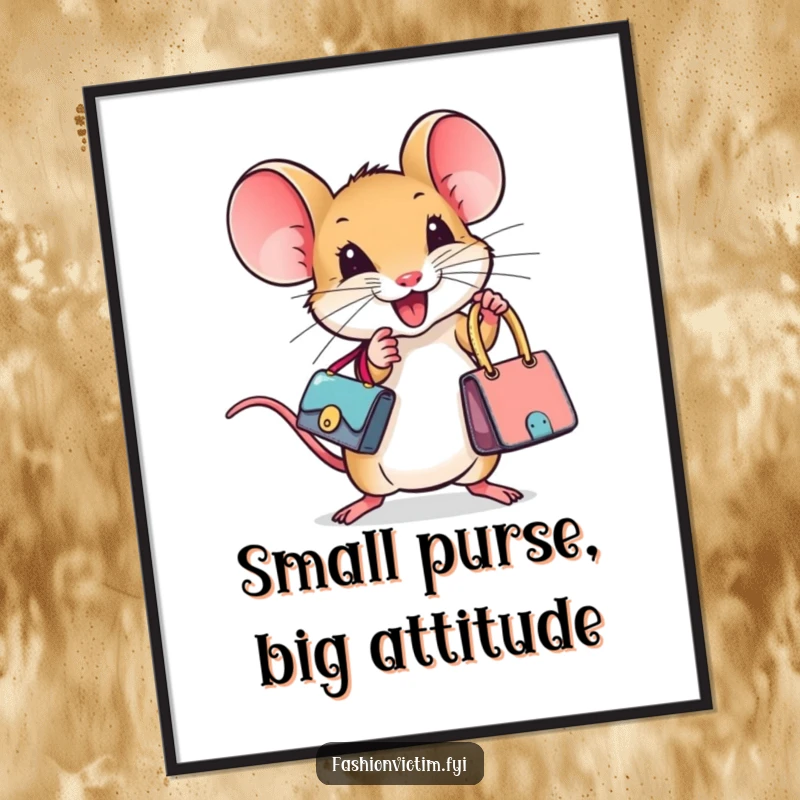 Funny Free Printable Wall Art: A tiny, determined mouse clutching a luxurious miniature designer handbag, dreaming of high fashion.