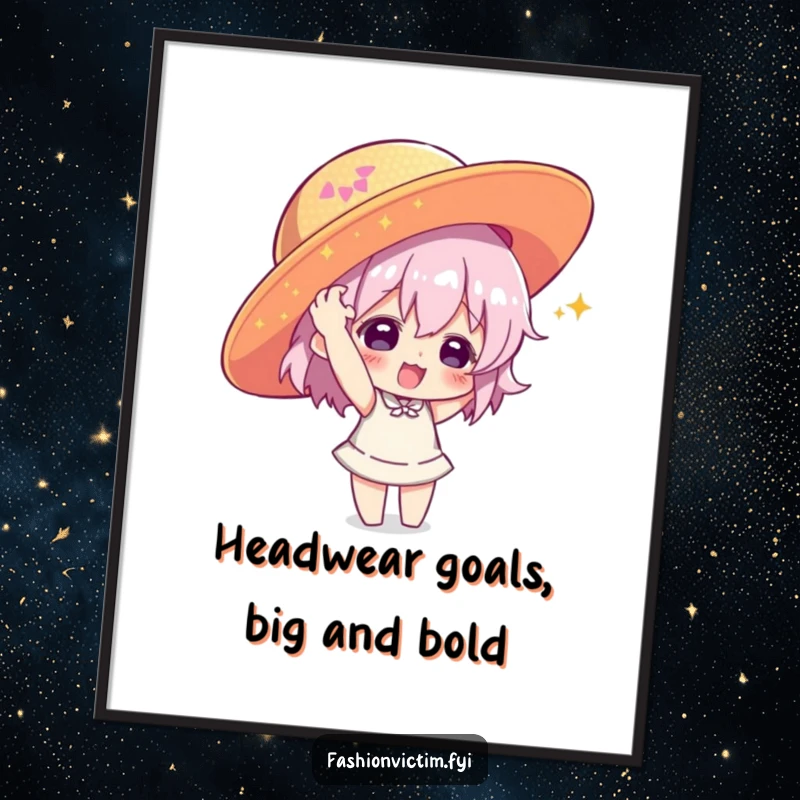 Funny free printable wall art of a character joyfully putting on an oversized sequined hat, adding humorous flair to decor.