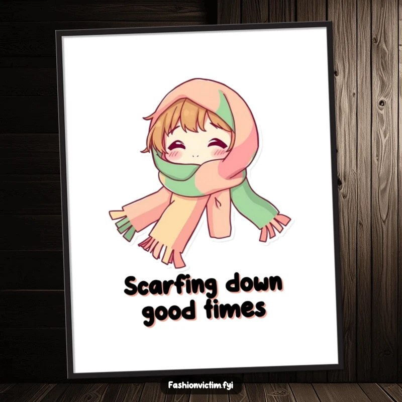 Funny Free Printable Wall Art: Bubbly character draped in a ridiculously long, vibrant, colorful scarf.