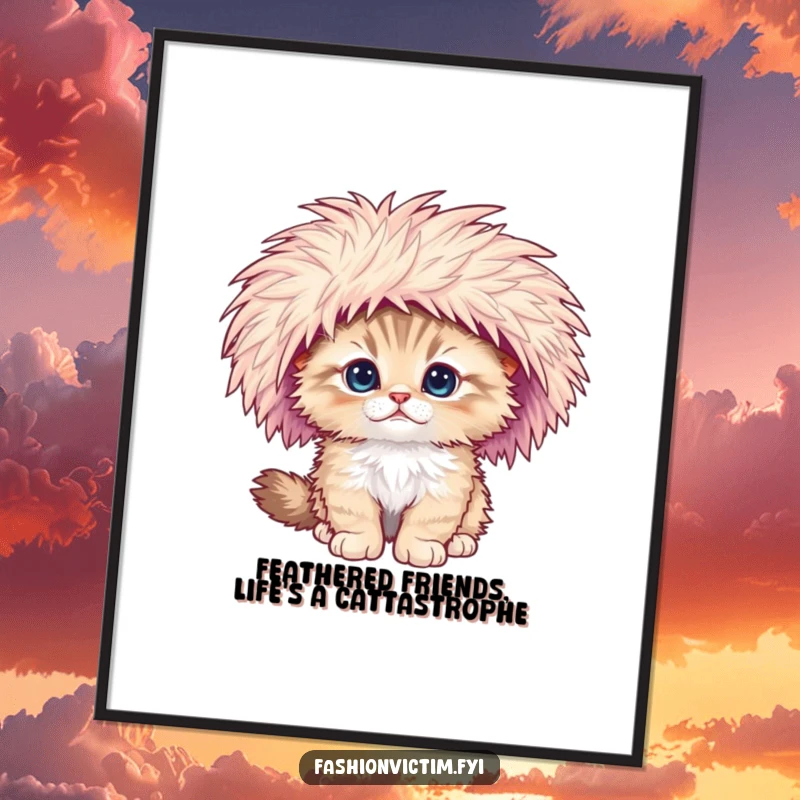 Funny Free Printable Wall Art: A fluffy kitten hilariously losing its balance while wearing a ridiculously large feathered hat.