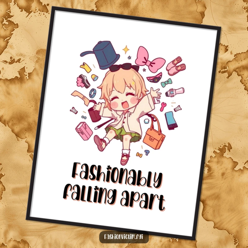 Funny Free Printable Wall Art: Character dramatically trips, sending fashion items flying in a chaotic display. DIY decor.