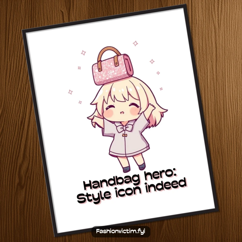 Funny Free Printable Wall Art: Character gleefully spins a glittery handbag overhead, radiating pure joy and fabulousness. A chic, downloadable piece.