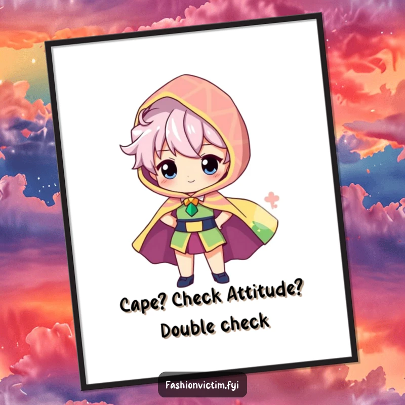 Funny Free Printable Wall Art: Character proudly showing off a massive, colorful, billowing cape, a heroic downloadable art piece.