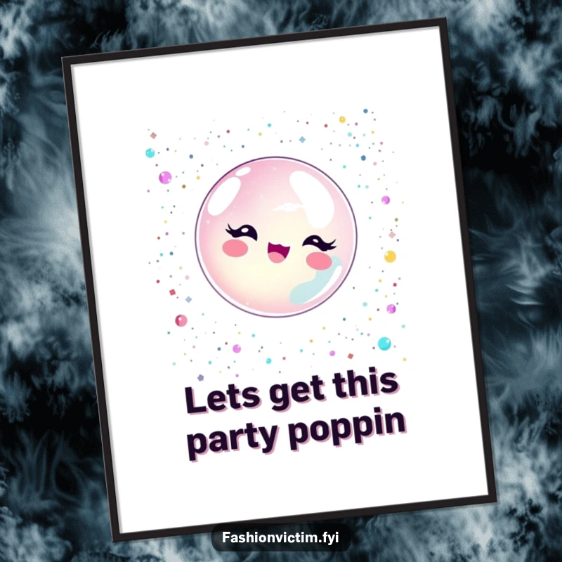 Funny Free Printable Wall Art: A bubble character joyfully popping surrounded by a vibrant shower of glitter and sequins, creating a dynamic artwork.