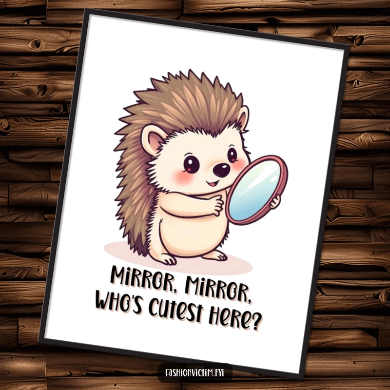 Funny Free Printable Wall Art: A charming hedgehog captivated by its own reflection in a tiny handheld mirror, exuding confidence.