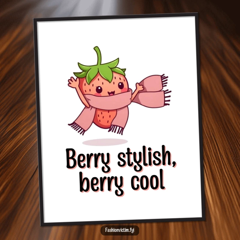 Funny Free Printable Wall Art: A tiny strawberry character waving a miniature stylish scarf, bringing cheerful energy to the room.