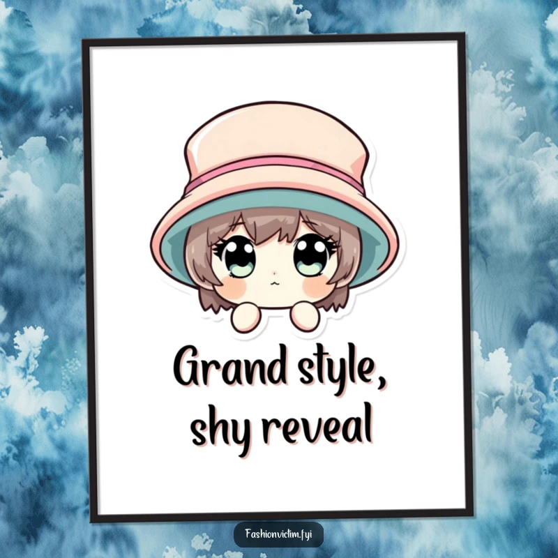 Funny Free Printable Wall Art: Character peeking from behind a huge fashionable hat, whimsical quirky decor.