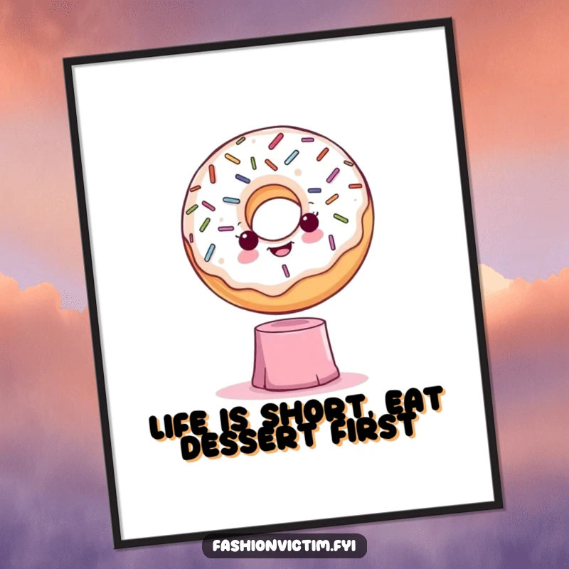 Funny Free Printable Wall Art: A dramatic donut with sprinkles dramatically poses on a tiny, unstable pedestal, exuding comedic flair.