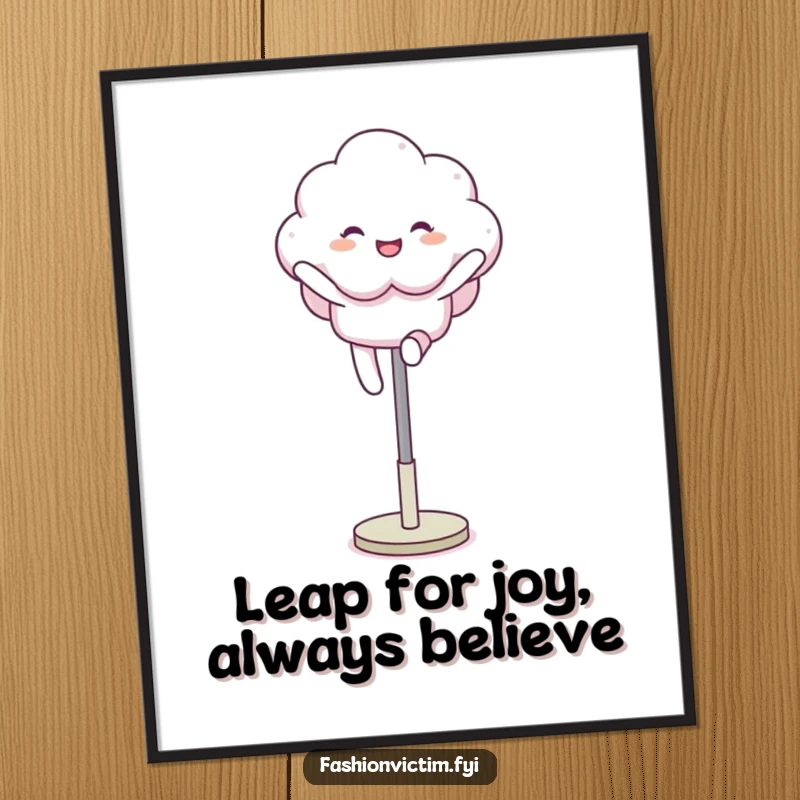 Funny Free Printable Wall Art: Fluffy cloud character joyfully leaping over a mannequin leg, humorous downloadable decor.