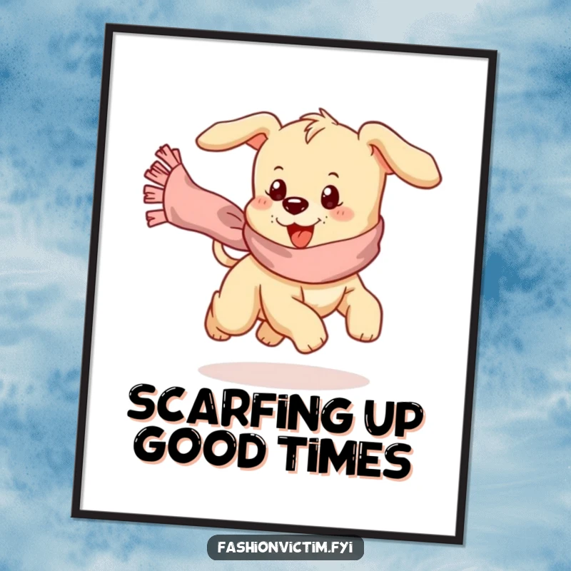 Funny Free Printable Wall Art showing a happy puppy in hot pursuit of a whimsical, flying scarf.