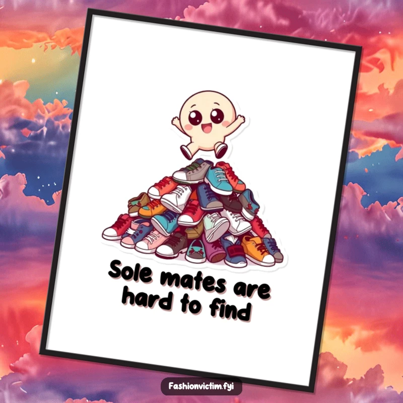 Funny Free Printable Wall Art: Small, round character with big eyes joyfully leaping over a towering pile of mismatched shoes, quirky decor.