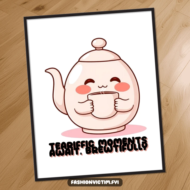 Funny free printable wall art of a shy teapot character blushing intensely while holding a steaming cup, perfect quirky home decor.