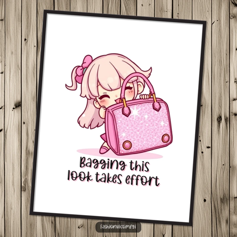 Funny Free Printable Wall Art: Character hilariously battling a gigantic sparkly handbag, perfect quirky decor.