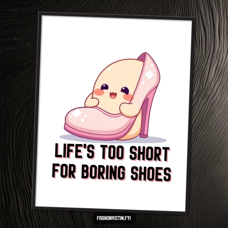 Funny Free Printable Wall Art: Cheerful blob character admires a ridiculously large, sparkly shoe, humorous downloadable decor.