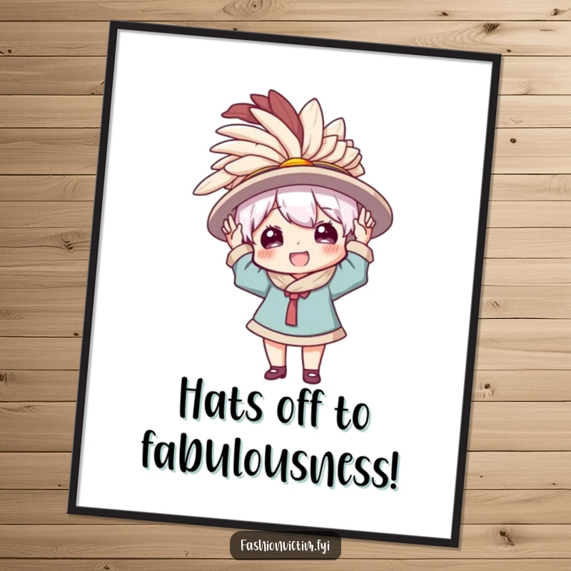 Funny Free Printable Wall Art: Character enthusiastically trying on a comically large, feathered hat, a celebration of bold style and fun.