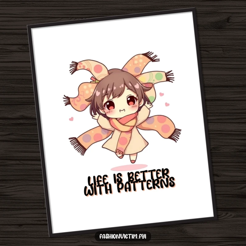 Funny Free Printable Wall Art: Character joyfully spinning with a lush bouquet of brightly patterned scarves, a celebration of color and movement.