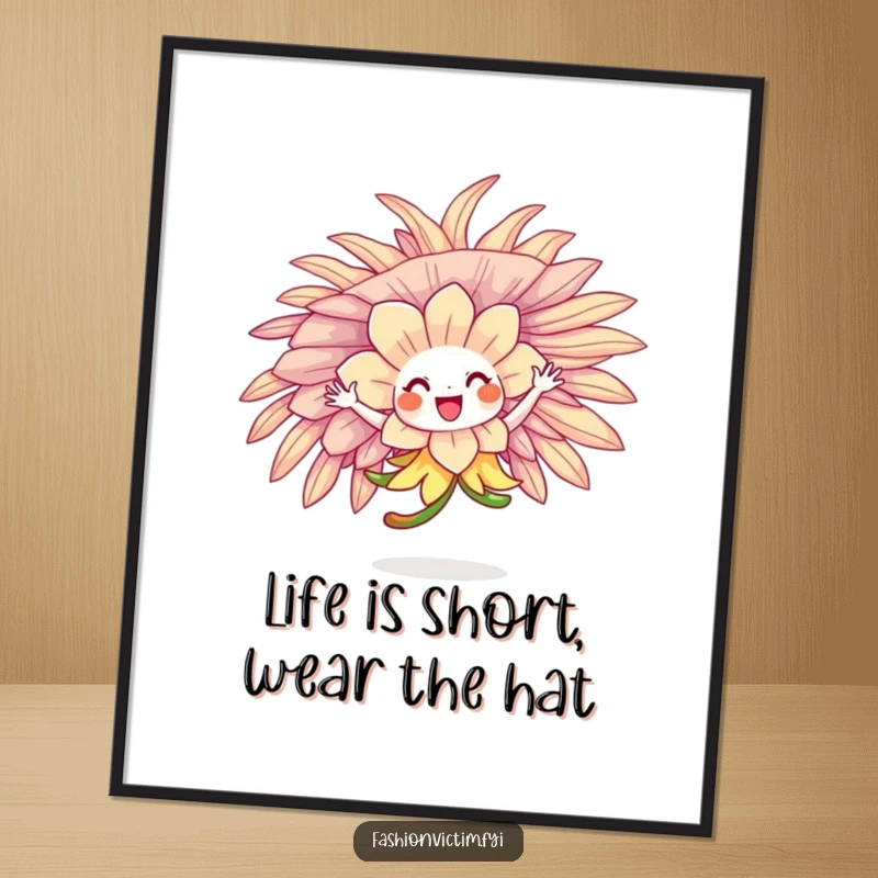 Funny Free Printable Wall Art: A flower character exuberantly twirling in a massive feathered hat, creating a vibrant and cheerful art piece.