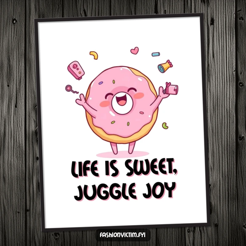 Funny Free Printable Wall Art: A pink donut character joyfully juggles tiny, colorful accessories, bringing sweet, playful energy to the space.