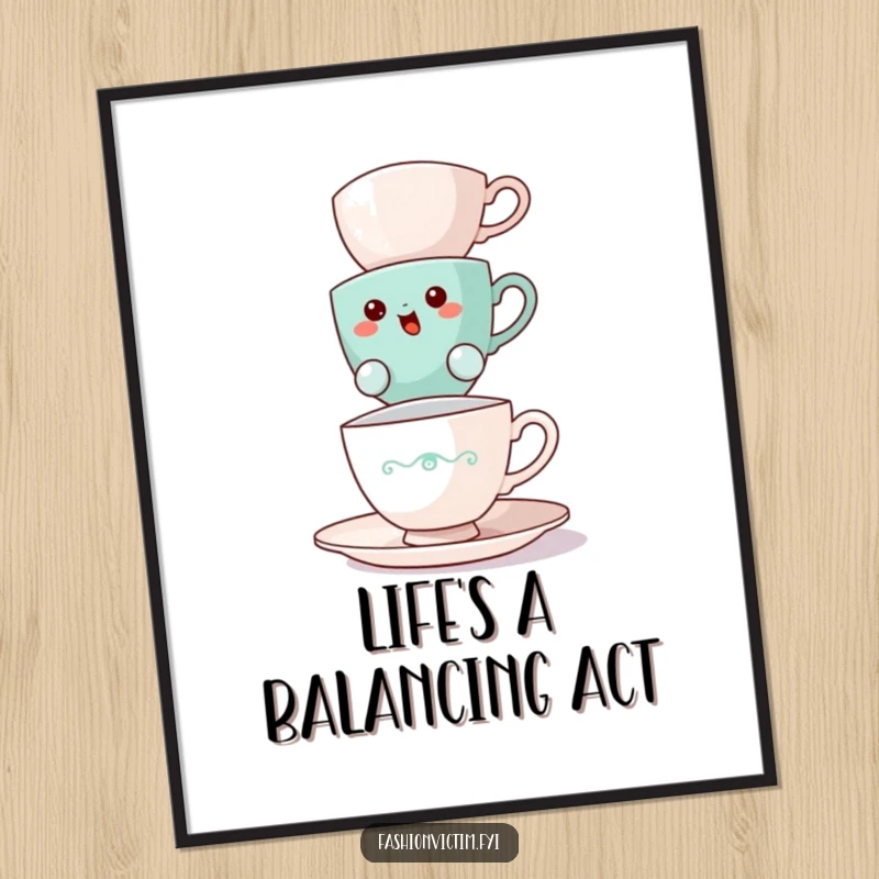 Funny Free Printable Wall Art: A bewildered teacup attempts to balance a precarious stack of cups, creating visual humor.
