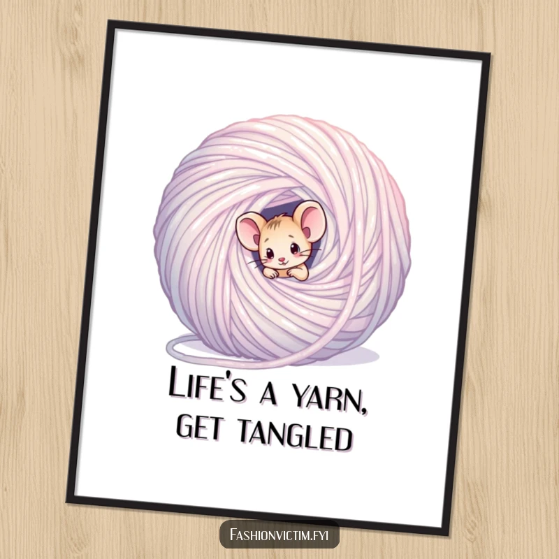 Funny Free Printable Wall Art: A small mouse looks puzzled while tangled in a massive ball of shimmering yarn.