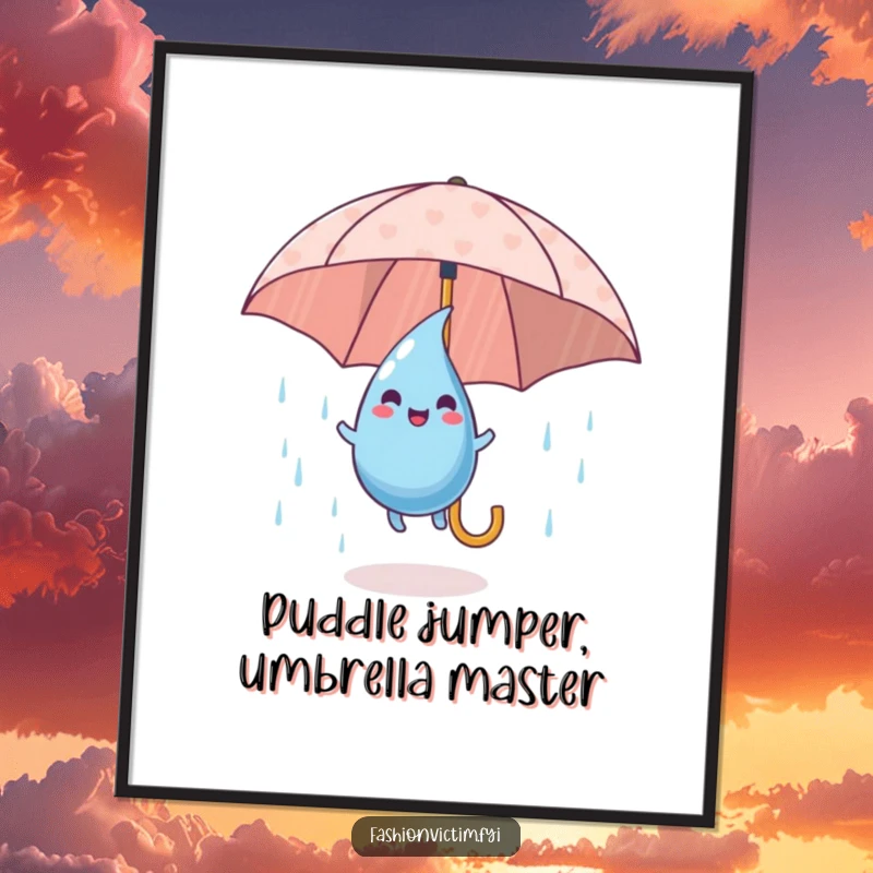Funny Free Printable Wall Art: Playful raindrop character happily bouncing on a colorful patterned umbrella.