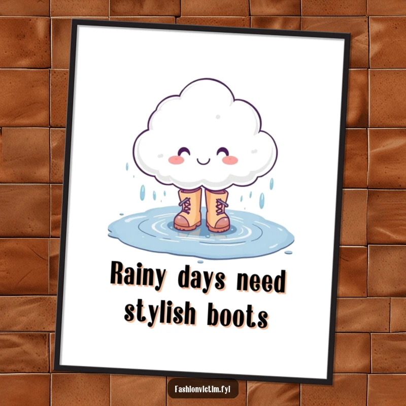 Funny Free Printable Wall Art: Smiling rain cloud character splashing in a puddle wearing stylish boots, cheerful decor.