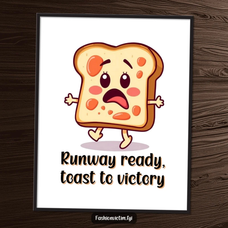Funny Free Printable Wall Art: A surprised slice of toast covered in jam, awkwardly attempting to walk a fashion runway.