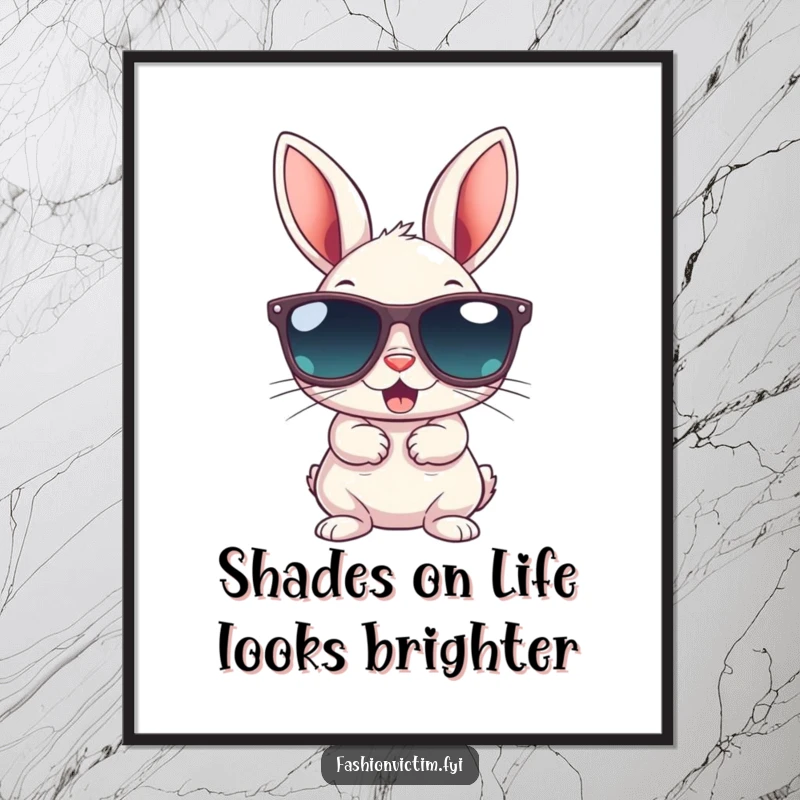 Funny Free Printable Wall Art: Small bunny gleefully wearing gigantic sunglasses, playful humorous decor.