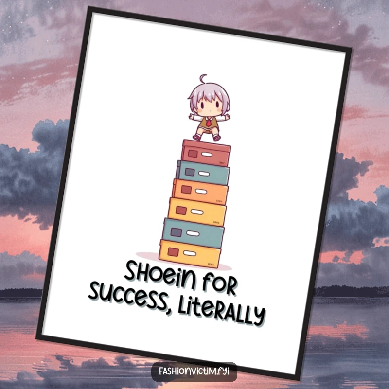 Funny Free Printable Wall Art: Small character humorously balancing on a tall stack of shoe boxes, looking pleased.