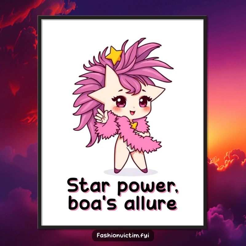 Funny Free Printable Wall Art: A tiny star character striking a glamorous pose, adorned with a lush feather boa, ready for the spotlight.