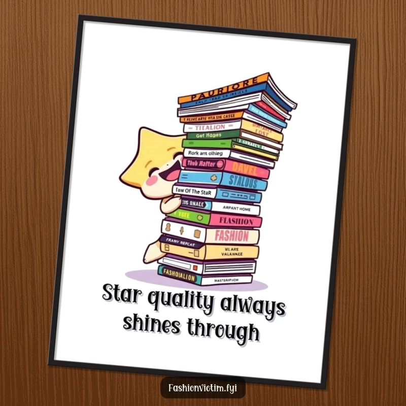 Funny Free Printable Wall Art: A happy star character hilariously attempting to balance a massive stack of fashion magazines, a perfect comedic piece.