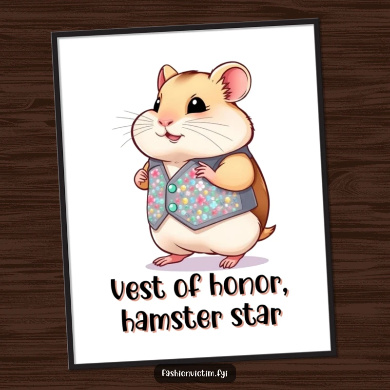 Funny Free Printable Wall Art: Chubby hamster strutting in a tiny sequined vest, bringing dapper humor to any room, downloadable decor.