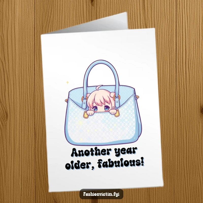 Funny Free Printable Birthday Card: Character peeking from behind a huge sparkly handbag, full of surprise and sass.