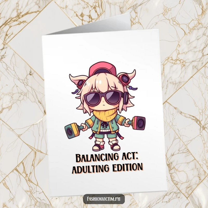Funny free printable birthday card showing a character hilariously failing to balance multiple outlandish accessories, perfect for laughs.