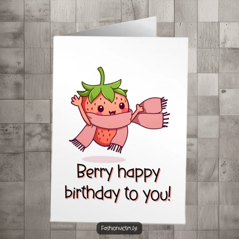 Funny Free Printable Birthday Card: A tiny strawberry character enthusiastically waving a miniature stylish scarf.