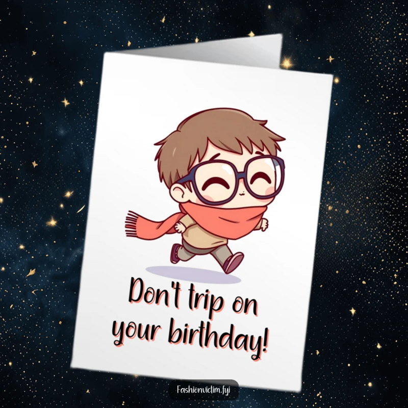 Funny Free Printable Birthday Card: Character with large glasses stumbles, tripping on a scarf, a humorous birthday wish.