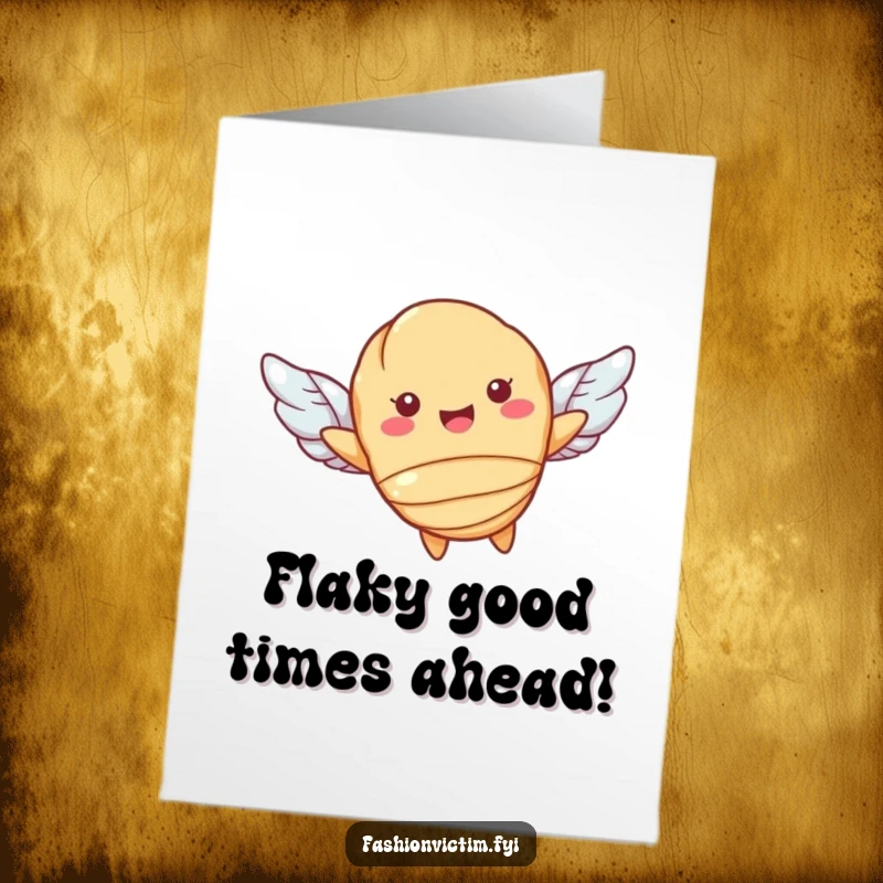 Funny Free Printable Birthday Card: Smiling croissant with tiny wings flying joyfully, delivering happy birthday wishes with a downloadable charm.